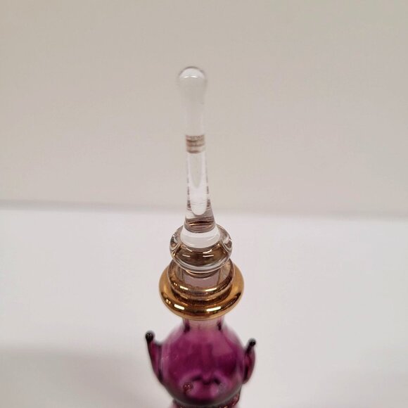 Perfume Bottle Vintage Egyptian Hand Blown Purple Gold Accents Stopper 6'' - Picture 5 of 7